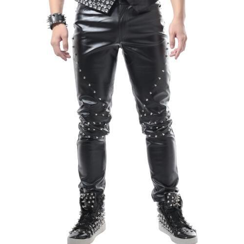 Punk Style Mens Black Rivet Pants Costumes Male Leisure Leather Trousers Mens trousers stage costume Dj singer Dancer show
