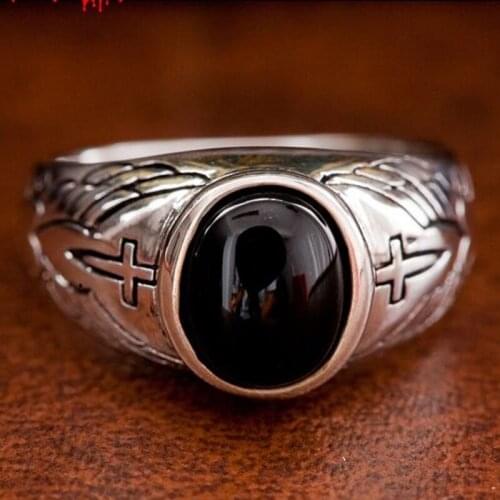 Sterling Silver Ornament Vintage Thai Silver Angels Wings Cross Black Agate Silver Ring for Men Women