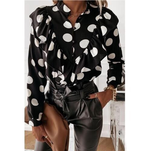 Autumn New Style Polka Dot Printing Long-sleeved V-neck Shirt Blouse Fashion Elegant Ruffled Ladies Shirt Slim Shirt Clothes