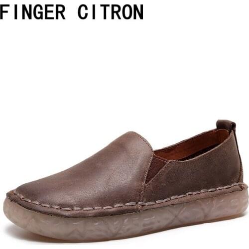 Finger Citron Genuine Cow Leather Women Casual Flat Shoes Round Toe Gum Rubber Outsole Soft By Handmade Lady Style Size 35-41