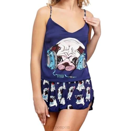 Sexy Pijamas Women Strap Pajama Set Silk Home Suit Animal Print Dog Summer V Neck Pyjama Ladies Loose Sleepwear Satin Pyjama