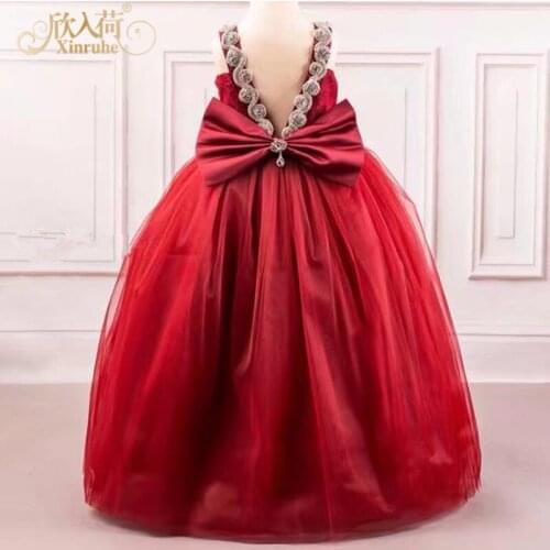 Real Picture Backless Crystal Beading Luxury Flower Girls Dresses Princess Ball Gowns Children Girls Celebration Gowns Bow Back