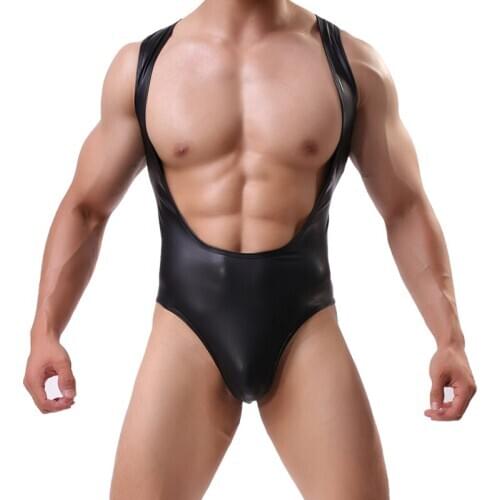 Sexy Mens Faux Leather Bodysuit Boxers Jumpsuits Wrestling Singlets Lingerie Stretch Tight Gay Jockstrap