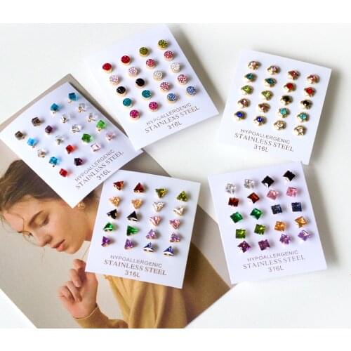 LUXUKISSKIDS 10Pairs/Card Crystal Heart Love Stud Earrings Brinco Female Stainless Steel Wholesale Earring Accessories Gift