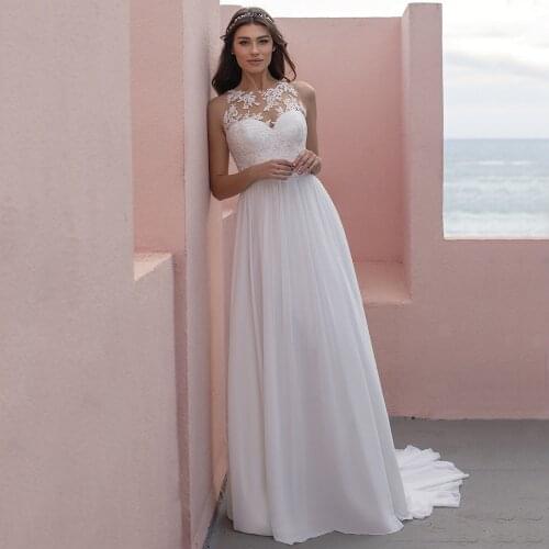 Elegant A-Line Chiffon Wedding Dresses 2021 Fashion Sweep Train Appliques Lace Sleeveless Bridal Gowns with Button Back
