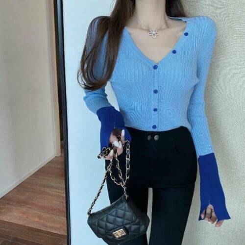 Fall 2020 Women Fashion Sweaters V-neck Color Block Long Sleeve Knitted Pullover Female Autumn Chic Clothes Sueter Jumper