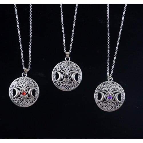 Witch Pentacle Tree of Life Pendant Necklace Triple Moon Crescent Moon Pagan Wiccan Jewelry