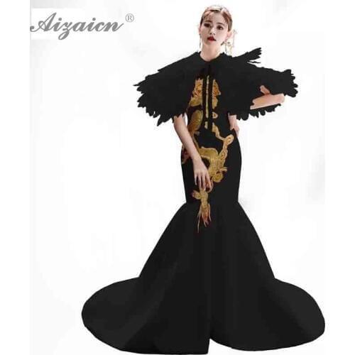 Spring Orientale Retro Black Embroidery Cheongsam Long Tailing Dresses Qi Pao Women Chinese Dress Oriental Go Show Gown Qipao