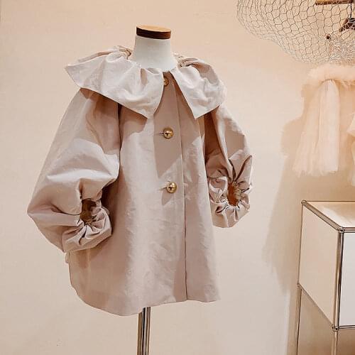 2020 Autumn Korean Childrens Clothing Windbreaker Girls Ruffled Collar Lace Puff Sleeve Coat Coat Windbreaker
