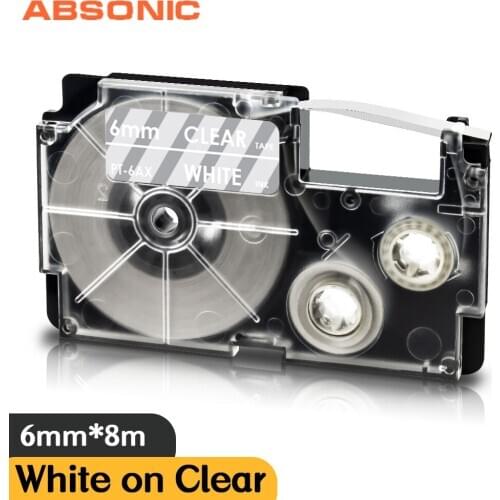XR-6AX White on Clear 6mm*8m Label Tape XR-6WE XR-6YW Compatible Casio Label Maker KL100e KL200 KL300 KL430 KLC500 KL750 Printer