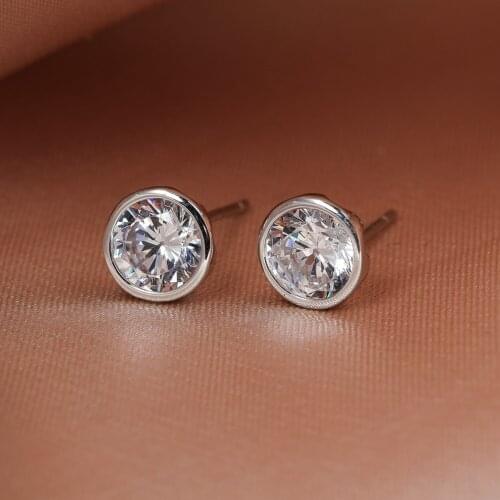 Female Luxury Crystal Round Zircon Stone Earrings 925 Sterling Silver Stud Earrings For Women Vintage Cute Small Wedding Earring