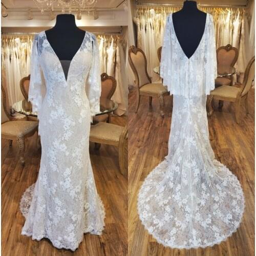 Fit and Flare Lace Wedding Dress 2020 Draped Sleeves Plunge Neckline Open Back Court Train robe de mariage Ivory Bridal Gowns