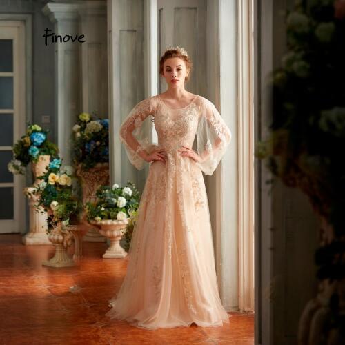 Finove Prom Dress 2019 Long Champagne Long Chic Sleeves Appliques A Line Tulle Backless Formal Party Dress vestido de fiesta
