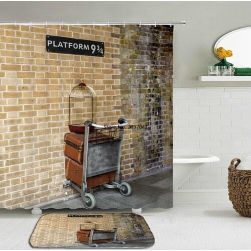 2Pcs/Set Movie Magic Wall Old Printing Shower Curtain Set Mat Waterproof Bathroom Cloth +Non-slip Mat Toilet Floor Flannel