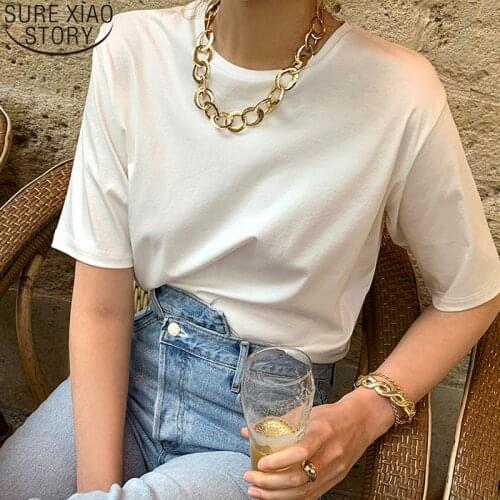 2021 Summer Cotton White Shirt Short Sleeve T-shirt Casual Loose Tops Korea O-neck Cotton Simple Basic Bottom Clothing 14159