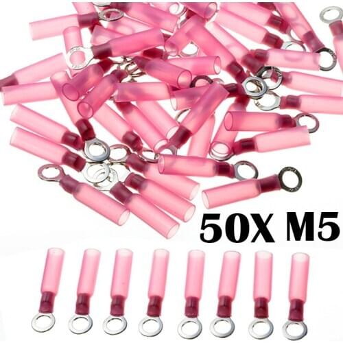 50pcs Copper + PE Red Ring M5 Crimp Terminal Insulated Heat Shrink Terminators For Electrical Wire Cable Connectors 22-18 AWG