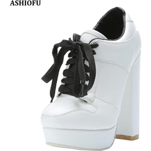 ASHIOFU Handmade Womens Chunky Heel Pumps Cross Lace-up Party Prom Dress Shoes Platform Fashion Evening Court Shoes