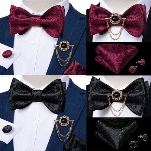 Black Floral Mens Bow Tie Set Formal Business Party Bowknot Accessories Metal Brooch Chain Men Gift Butterfly Cravat DiBanGu