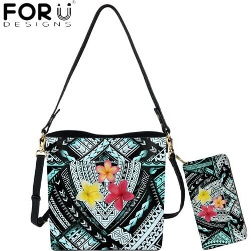 FORUDESIGNS New Fashion Women Bucket Polynesian Tribal Plumeria Flower Print Luxury Bag Set Lady Shoulder Totes Bolsa Femme
