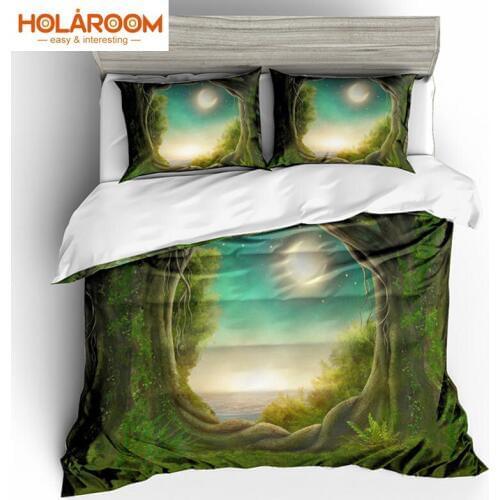 Green Forest Bedding Sets Tree Hole Pattern Duvet Cover Set Reactive Printing Quilt Cover Pillowcase For Bedroom Decorations