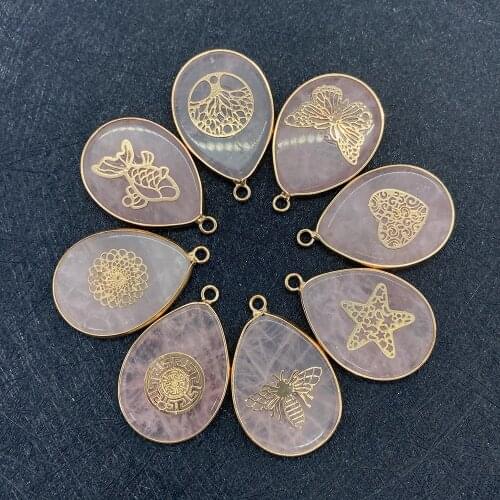 Pink Crystal Pasted Metal Piece Single Hole Pendant Natural Semi-precious Stone Pendant Used for DIY Necklace Making Jewelry