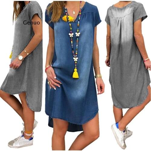 Summer Dress 2021 NEW Plus Size 3XL For Womens Fashion Casual Solid Sexy V Neck Long Party Loose Short Sleeve Swing Denim Dress