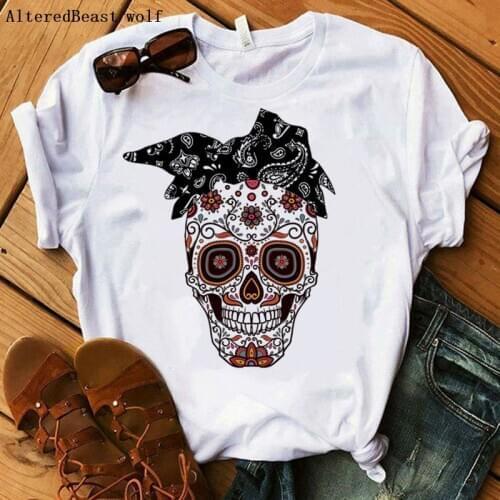 Summer T-shirt Women Harajuku Black Bandana Sugar Skull Women Fashion Casual Short Sleeve Mom Tshirt Female O-neck Tops T-shirt