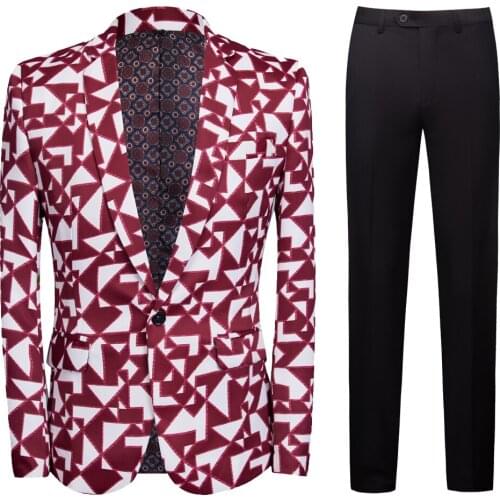 Mens Red TrianglePrinted Suit Men Slim Fit Suit Set Blazers Singer Costume Casual Night Party Bar Suit