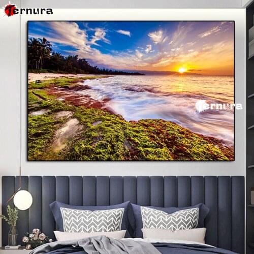 Diamond mosaic pattern Full Square Round stones Beach seascape in the sunset DIY 5D Diamond Painting Kits rhinestone Embroidery