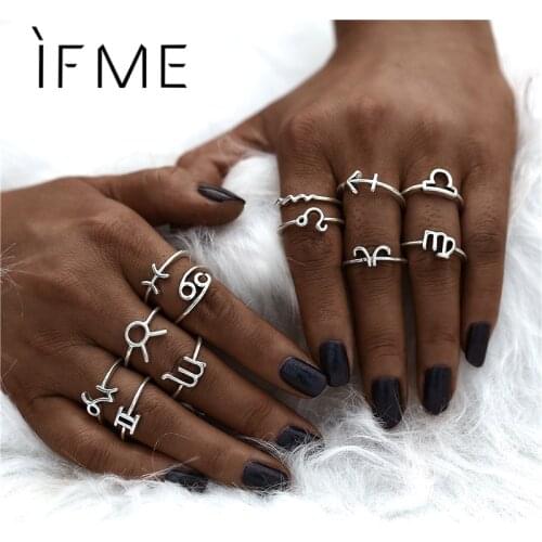 IF ME Fashion New Metal 12 Constellation Zodiac Sign Finger Rings Set For Women Men Vintage Boho Silver Knuckle Ring Jewelry