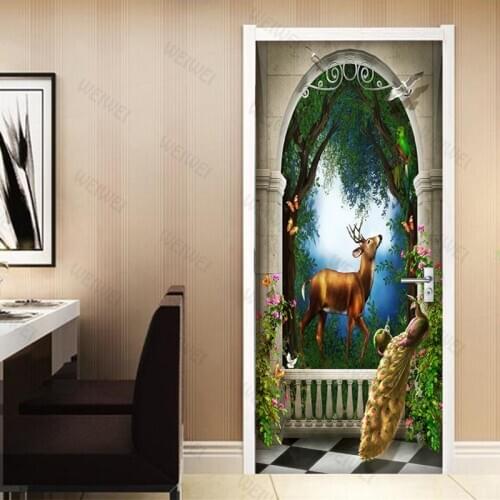 Peacock Deer 3D Door Sticker Mural Living Room Children Room Bedroom Door Decoration Photo Wallpaper Pvc Waterproof Wall Decals