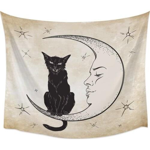 Cat Moon Stars Retro Wall Tapestry Cover Beach Towel Home Decoration Wall Hanging for Bedroom Living Room
