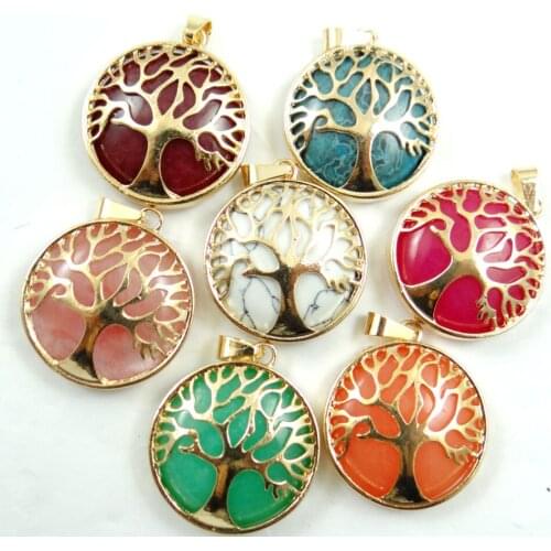 Natural Stone Quartz crystal aventurine Turquoises Golden Color alloy Tree of Life Round Pendant for jewelry making Necklace10pc