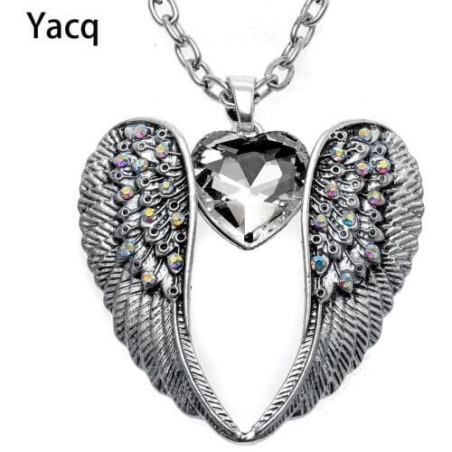 YACQ Guardian Angel Wing Heart Necklace Antique Silver Color Women Girls Biker Bling Crystal Jewelry Gifts Dropshipping NC06