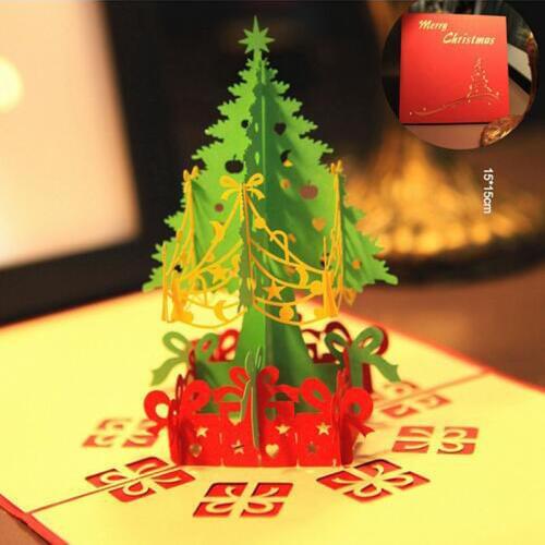 10pcs Merry Christmas Tree Greeting Cards 3D Laser Cut Pop Up Paper Handmade Custom Xmas Postcards Christmas Gifts Souvenirs
