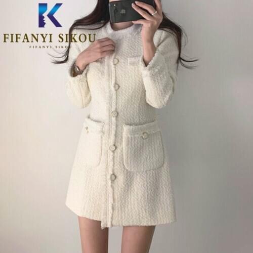 Autumn Winter Women High waist Tweed Dress Pocket Single Breasted Fashion Midi Long Dress Ladies Elegant Long Sleeve Party Dress