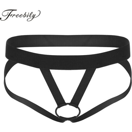 Sexy thong Gay Men Lingerie Low Rise Open Back Penis Crotchless Jockstrap Stretch Bikini G-string Underwear with Metal O-ring