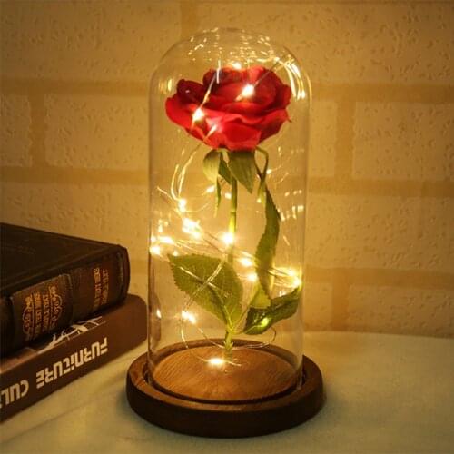 LED Light Beauty The Beast In Glass Cover Artificial Eternal Rose Christmas Home Decors For Valentines Day Gift Artificial Dried