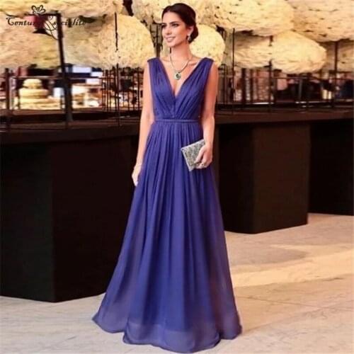 Dark Blue Evening Dresses Long V-Neck Backless Pleats Chiffon Simple Formal Dress Prom Party Gowns 2021 Robe De Soiree Cheap