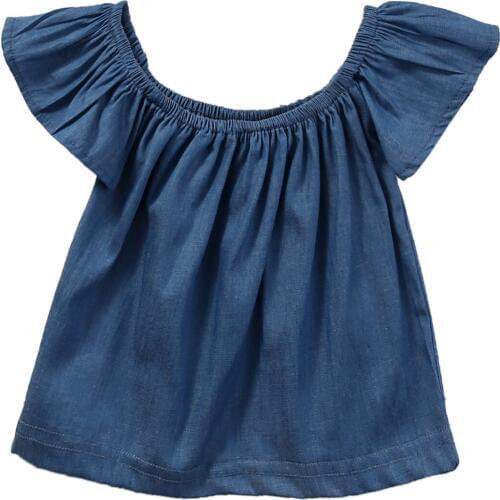 New Summer Sweet Kids Toddler Baby Girls Off Shoulder Denim Tops Short Sleeve Top Fashion Cute Babies Gils Slash Neck Clothes