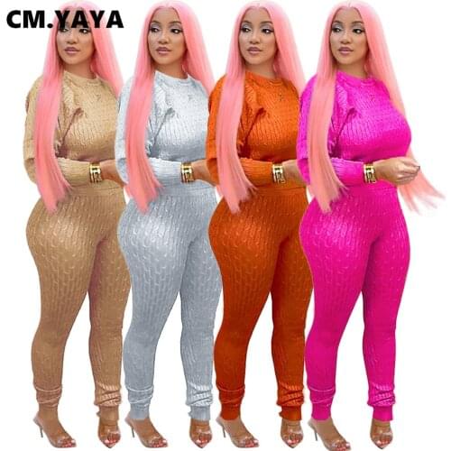 CM.YAYA Streetwear Ribbed Sweatsuit Womens Set Sweater Tops Legging Pants Set Active Knitted Tracksuit Two Piece Fitness Outfit