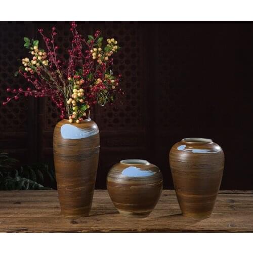 Vintage Simple Modern Ceramic Brown Glaze Vase Round Classic Insert Craft Decoration Living Room Porcelain