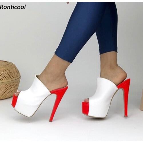 Ronticool New Stylish Women Platform Mules Sandals Sexy Stiletto Heels Peep Toe Red Fuchsia White Black Party Shoes US Size 5-20