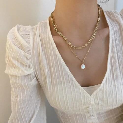 New Vintage Irregular Pearl Jewelry Gold Plated Chunky Link Chain Layered Necklaces for Women Ladies Pearl Necklace