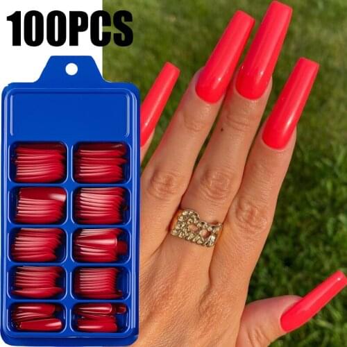 100PCS Candy Colors Long Ballerina Fake Nails Solid Color Full Cover Pointed Natural Coffin Press on Nail Tips ABS Nail Manicure