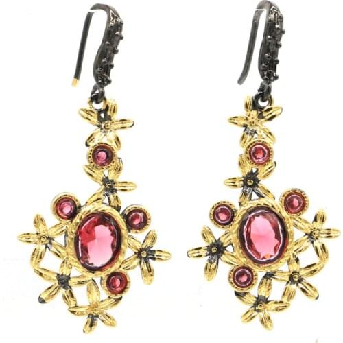 28x22mm Gothic Unique Vintage Flower Earrings Created Green Peridot London Blue Topaz Women Cool Black Gold Earrings Daily Wear