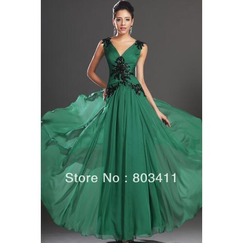 Free Shipping New Arrival Sexy Sleeveless V-neckline Appliqued Chiffon Evening Dress