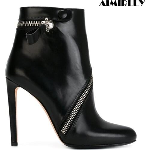 Womens Pointed Toe High Heels Ankle Boots Zipper Black Autumn Winter Footwear Fashion Ladies Shoes