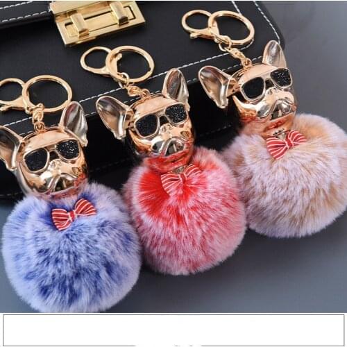 Punk French Bulldog Keychain Fur Ball Keychain Fashion Bow Dog Chaveiros Cute Bag Charms Car Key Ring Key Chain Lobster Clasp