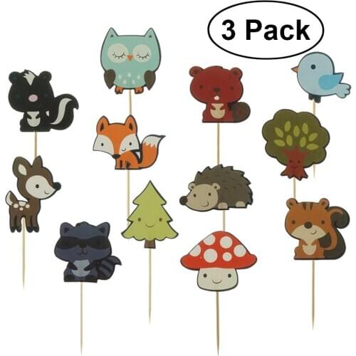 3pack 12Pcs Woodland Animals Cake Topper Decorative Cupcake Picks Dessert Cake Decoration Topper for Wedding Birthday Party